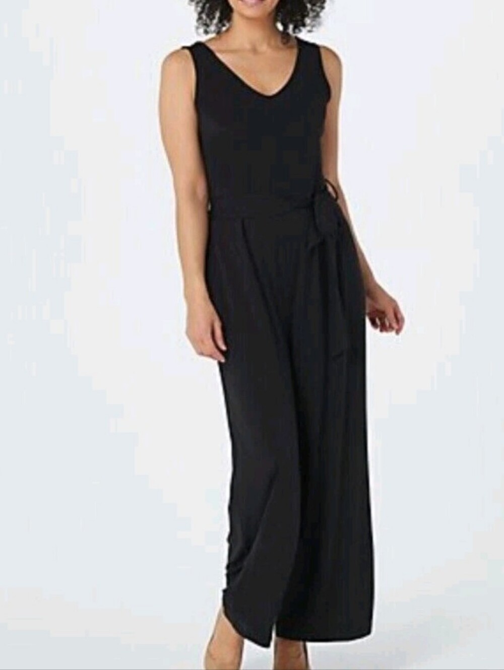 Sleeveless Size Large Belted Black V-Neck Wide-Leg Jumpsuit Women's New